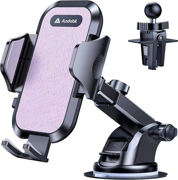 andobil Car Phone Holder, 2026 Military-Grade 89bs Strongest Suction Phone Holders for Your Car Dashboard/Windshield/Vent Easy Clamp Cellphone Holder Truck Stand for iPhone 17 16 15 Pro Max, Purple by Andobil