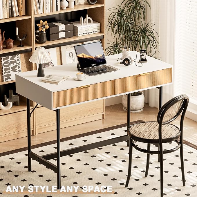 INNOD 45 Inch White Desk with Drawers, Small Writing Desks for Bedroom, Fluted Cute Desk with Storage for Vanity, Wood Computer Table for Living Room Small Spaces Home Office Study - Image 3