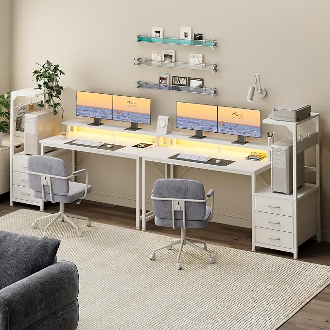 AODK 59 Inch Gaming Desk with USB Charging Ports & LED Light- Reversible Computer Desk with Storage Shelves & Monitor Stand, Modern Gamer Desk Table with Fabric Drawers, White - Image 7