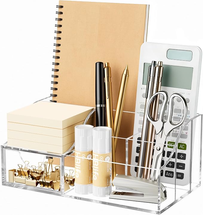 HBlife Acrylic Desk Organizer with Drawer, Pen & Pencil Holder, Multifunctional Desktop Caddy for Office Supply and Organization (Clear) by HBlife
