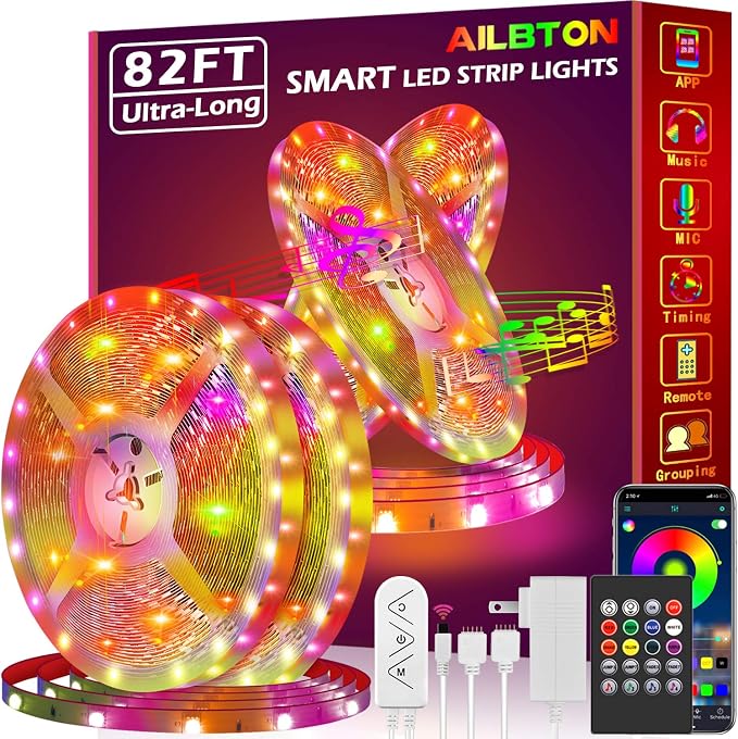 AILBTON Led Strip Lights,82ft Led Light Strips Music Sync Color Changing RGB Led Strip Built-in Mic,Bluetooth led Lights App Control with Remote,5050 RGB Rope Light Strip by AILBTON