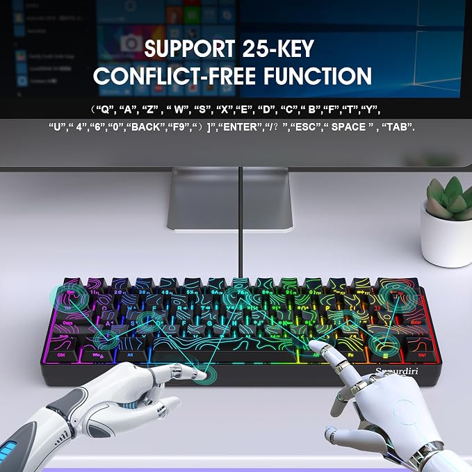 Snpurdiri 60% Wired Gaming Keyboard 61 Keys RGB (Contour Line-Black) | Backlit Small Gaming Keyboard Ultra-Compact for PC/Mac Gamer, Typist, Travel, Easy to Carry on Business Trip - Image 8