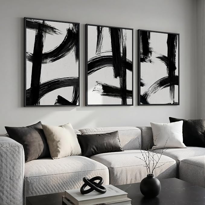 Large Framed Black and White Abstract Wall Art for Living Room, 3 Piece Big Canvas Prints Paintings Artwork for Walls, Modern Minimalist Pictures Wall Decor for Bedroom Office Hallway, 24x36 In by Cuspin