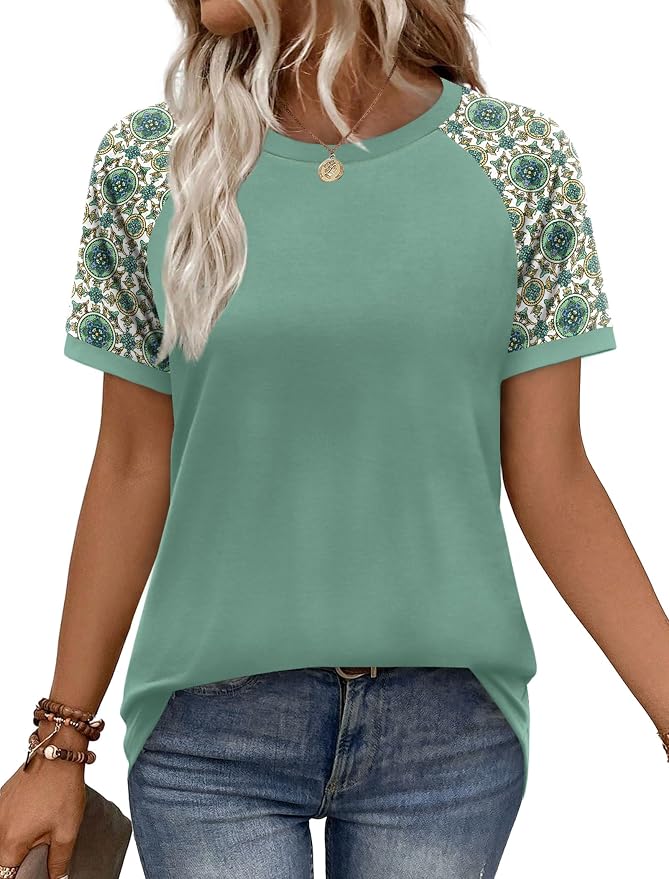 WIHOLL Womens Summer Tops Color Block Short Sleeve Raglan Shirts Spring Fashion Clothes Vacation Outfits by WIHOLL