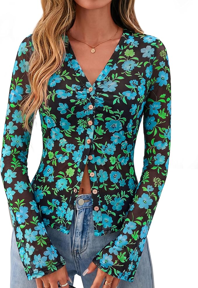 BTFBM Button Down Shirts for Women 2026 Fall Boho Tops V Neck Long Sleeve Blouses Ruched Mesh Fitted Fashion Clothing - Image 3