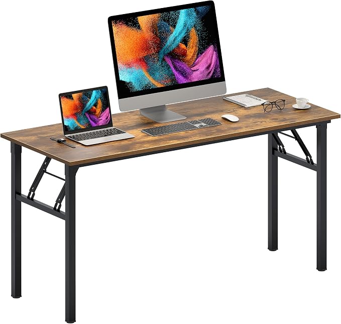 Need Office Computer Desk 60 Inch Sturdy Folding Laptop Table Retro | Black Frame Writing Gaming Work Table/Foldable Home Office Desk/Sewing Table, No Assembly Required by Need