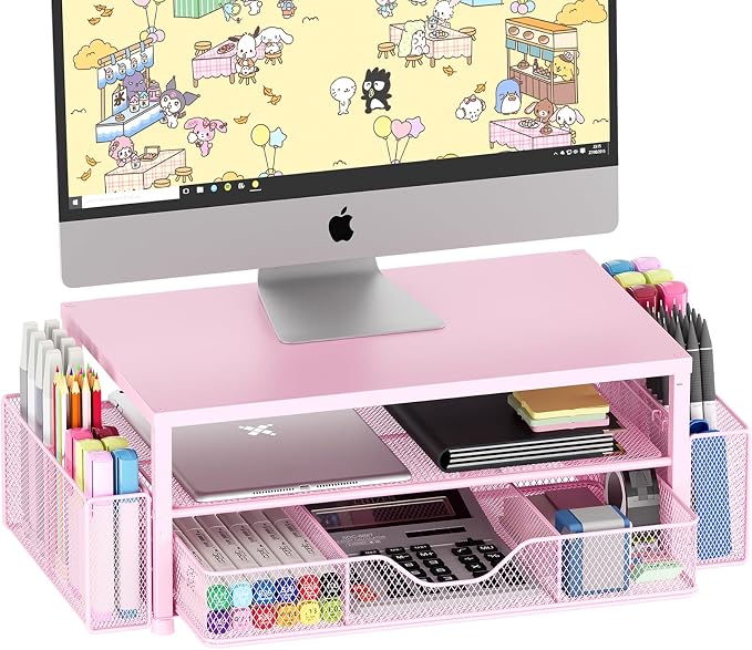OPNICE Desk Organizers and Accessories, 2-Tier Computer Monitor Stand Riser with Drawer and 2 Pen Holders, Laptop Stand, Office Desk Accessories & Office Decor for Women, Pink by OPNICE