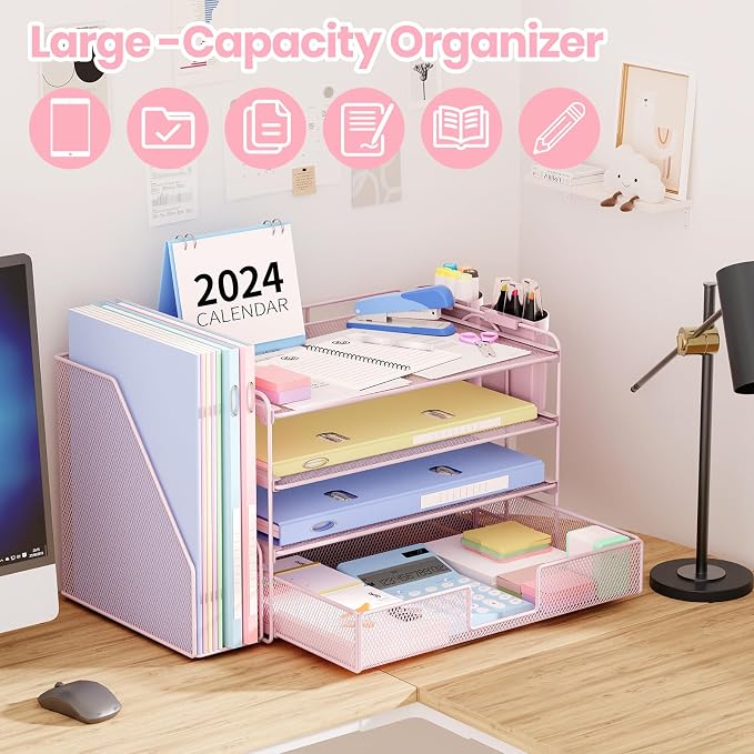 OPNICE Desk Organizer, 4-Tier Desktop File Organizer with Drawer and Pen Holders, Office Desk Accessories, File Sorters, Workspace Organizers for Office Supplies(Pink) - Image 3