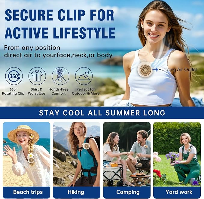 Wearable Clip Fan Rechargeable, 360° Rotating Mini Personal Fan, 5 Speed Bladeless Portable Neckline & Waist Cooling Fan for Outdoor Work, Construction, Camping, Gardening,Office, Travel Essentials - Image 2