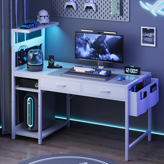 40 Inch Small Gaming Desk with Drawers & Led Lights & Storage Bag, White | Reversible Storage Shelf, Power Outlets, Wood Grain Gaming Table, Compact Computer Desk for Small Space, Bedroom, Home Office - Image 4