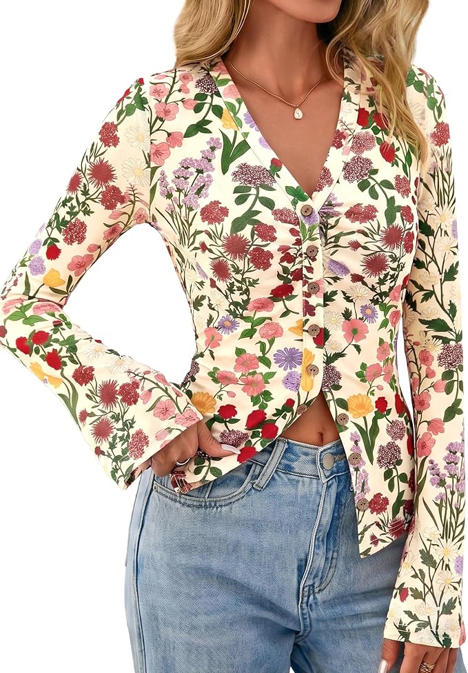 BTFBM Button Down Shirts for Women 2026 Fall Boho Tops V Neck Long Sleeve Blouses Ruched Mesh Fitted Fashion Clothing - Image 5
