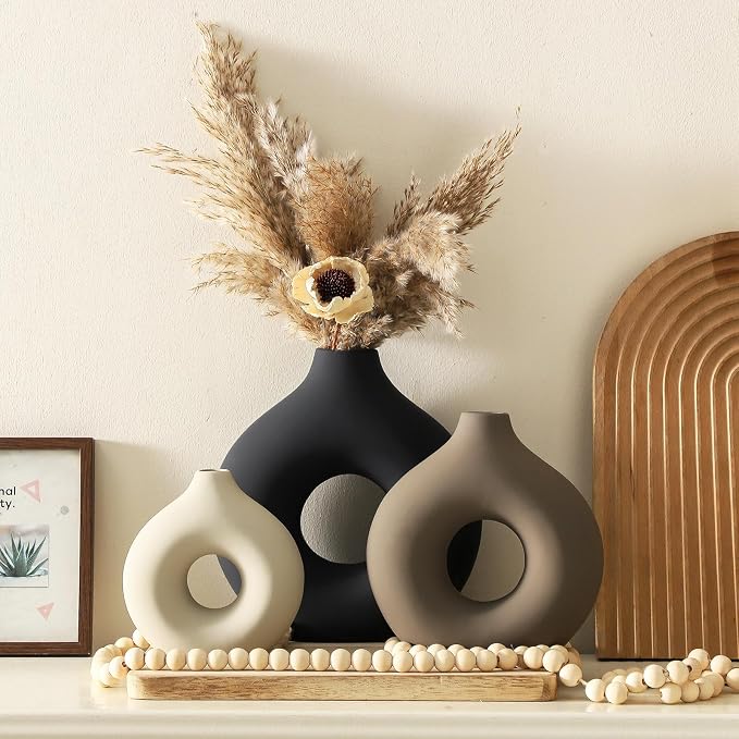 Vanselia Ceramic Vase Home Table Decor - Flower Vases Set of 3 Small Living Room Centerpiece Decorations for Shelf Bedroom Office Kitchen Dining Desk Modern Aesthetic Farmhouse Decorative (Classic) - Image 4