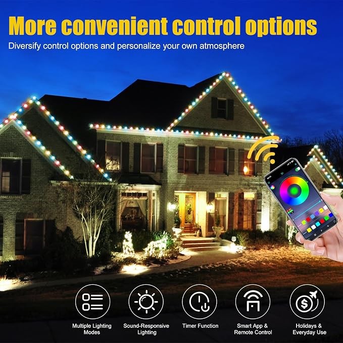 200 FT 2-in-1 Eaves & Ground Stakes LED String Lights, Outdoor RGB Light with App & Remote Control for House, Garden, and Landscape, Waterproof Smart Color-Changing Lighting for Holiday Everyday Decor - Image 6