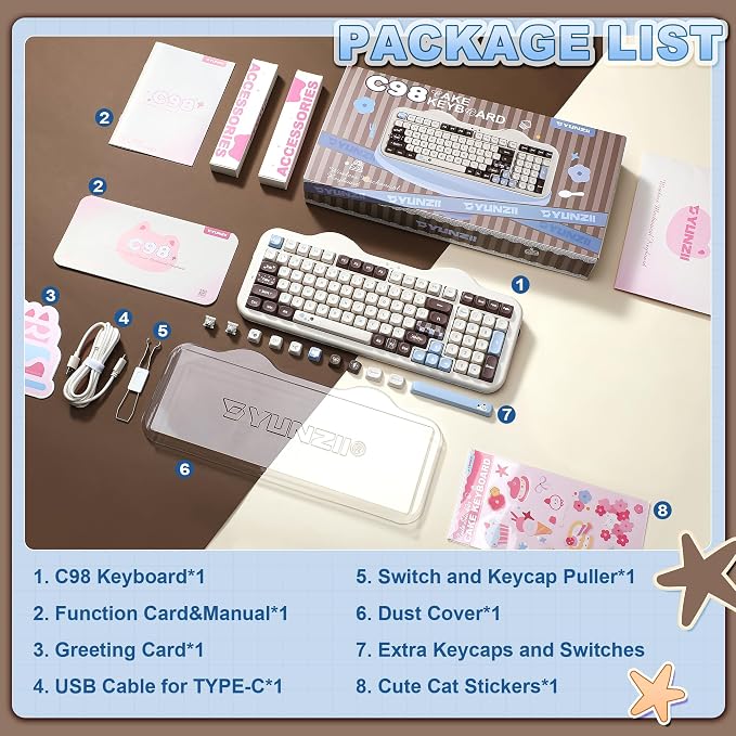 YUNZII C98 Cute Cake Wireless Mechanical Keyboard (Choco, Milk Switch) | 99 Keys with Number Pad, Hot Swap, PBT MOA Keycaps, BT5.0/2.4G/USB-C, Gasket Mount, Custom RGB Backlit for Win/Mac - Image 9