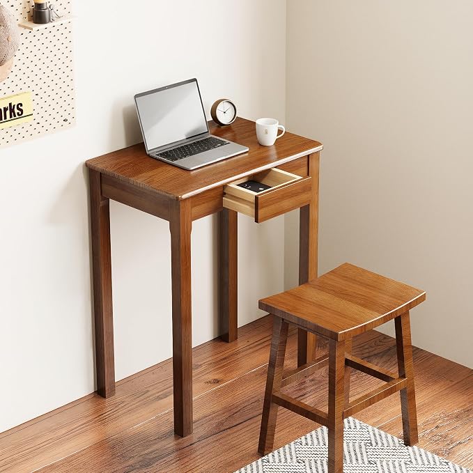 Solid Wood Desk with Drawers - 23.6" Narrow Desks for Small Spaces, Mid Century Modern Desks, Small Wooden Vintage Computer Writing Desk, Study Table for Home Office Bedroom, Walnut - Image 9