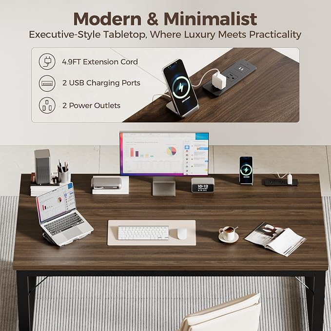Mericonia 54 Inch Computer Desk with Power Outlets, 1.2" Thick Office Table | Modern Simple Style, Heavy Duty Industrial Frame, Study & Writing Table for Home Bedroom Work, Walnut - Image 5