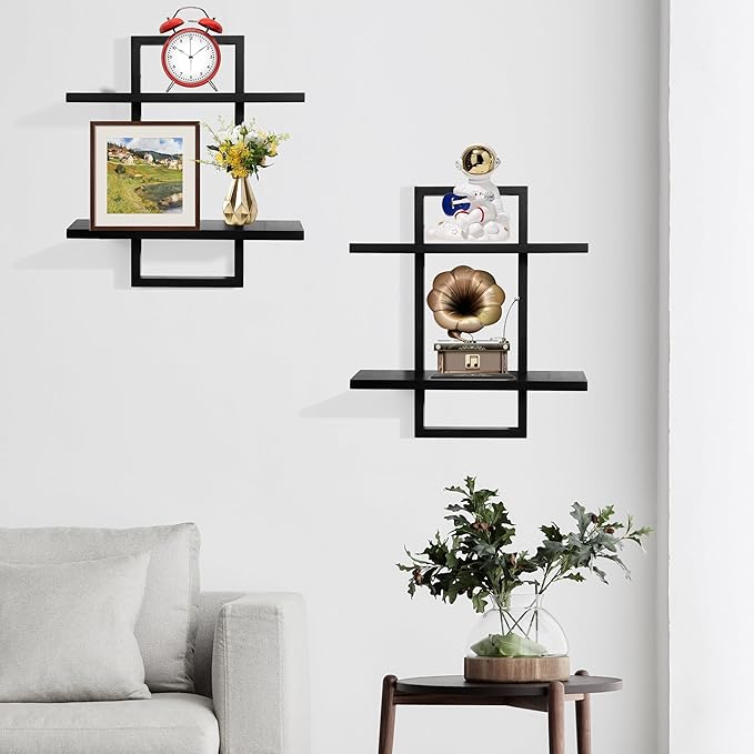PHOENANCEE Floating Shelves for Wall,Display Hanging Shelf Set of 2,Modern Decorative Plants Shelves,Wood Home Decor Storage Chic for Living Room Bedroom Bathroom Office,Oak Frame,2-Tier Black - Image 4