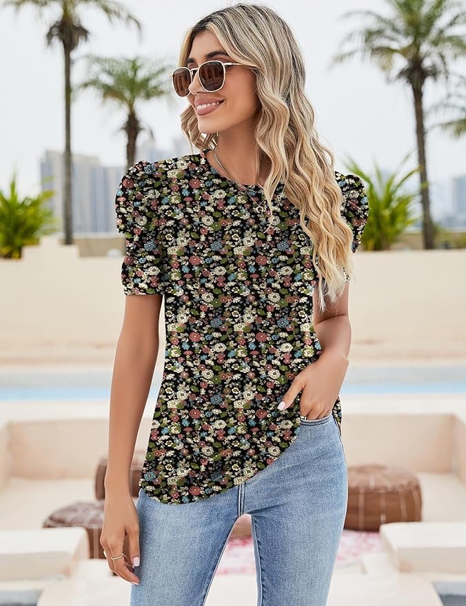 Ivicoer Puff Short Sleeve Shirt for Women Eyelet Tops Summer Crewneck Blouse Loose Fit S-XXL - Image 3