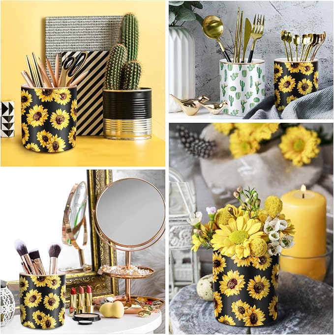 Pen Holder, Cute Pencil Holder for Desk, Makeup Brush Holder Floral Pattern, Pencil Cup for Girls Women, Durable Ceramic Desk Organizer Flower Decor for Office, Classroom, Sunflower - Image 2
