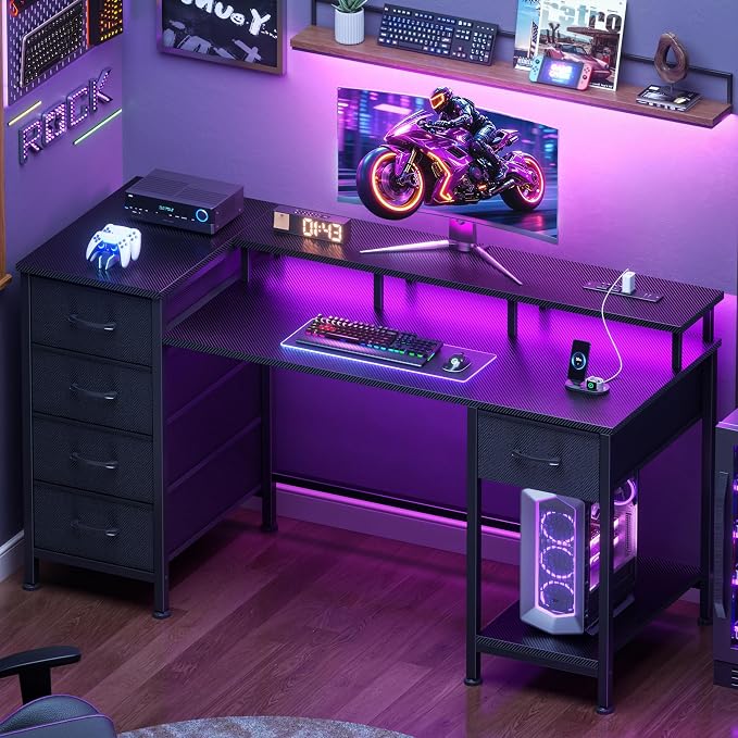 Korfile 47 Inch Computer Gaming Desk with Power Outlets & LED Lights Reversible Home Office Desk with Adjustable 5 Fabric Storage Drawers for Working Writing Study, Carbon Fiber Black | For gaming and working,built-in power outlets and LED lights,5 fab... - Image 3