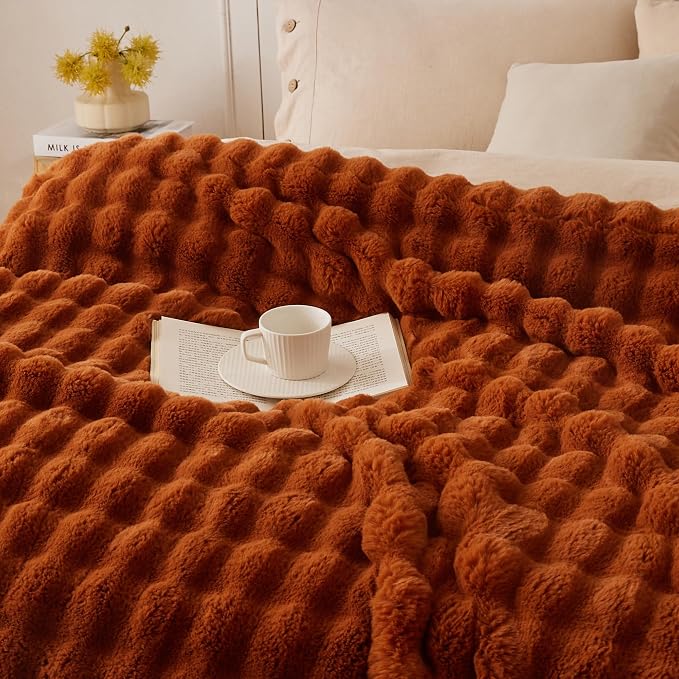 COOVA Faux Fur Throw Blanket for Couch, Cozy Soft and Fuzzy Plush Rabbit Fur Bubble Blanket for Sofa Bedroom Living Room, 50x60 Inches Brown - Image 2