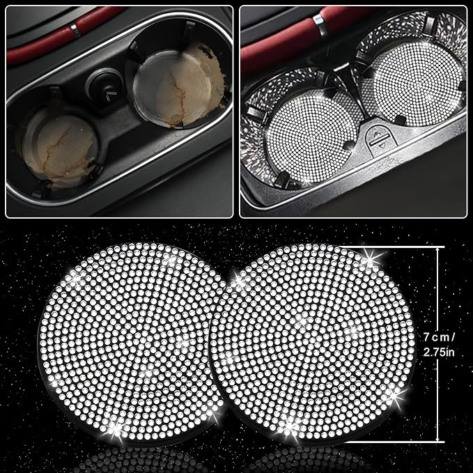 NBTEPEM 27 PCs Bling Car Accessories Set for Women, Steering Wheel Covers Universal Fit 15 Inch, Bling License Plate Frame, Bling Phone Holder, Bling Car Coasters (Silver Diamond) - Image 7