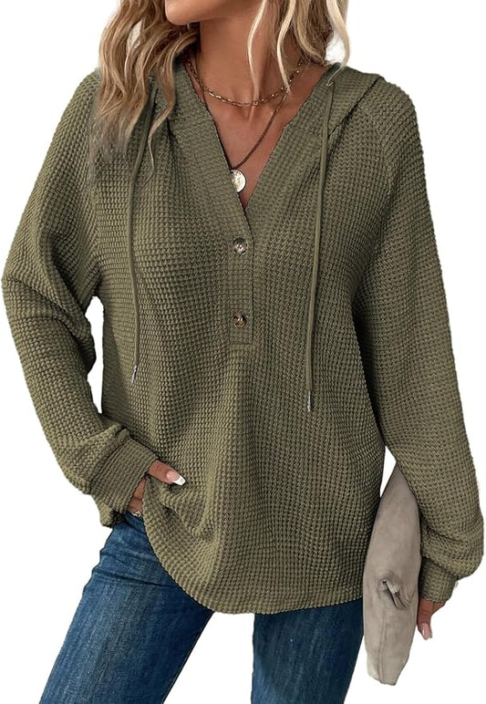 Dokotoo Hoodies for Women Waffle Knit Long Sleeve Drawstring Button V Neck Casual Sweatshirt Hooded Tops Fashion Clothing by Dokotoo