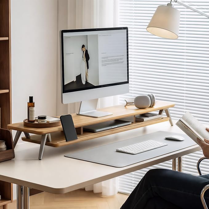Fenge Dual Monitor Stand, Monitor Stands Riser for 2 monitors, 42.5 Inch Wood Desk Shelf with Storage Organizer and Cable Management for Office Desk Accessories - Image 2