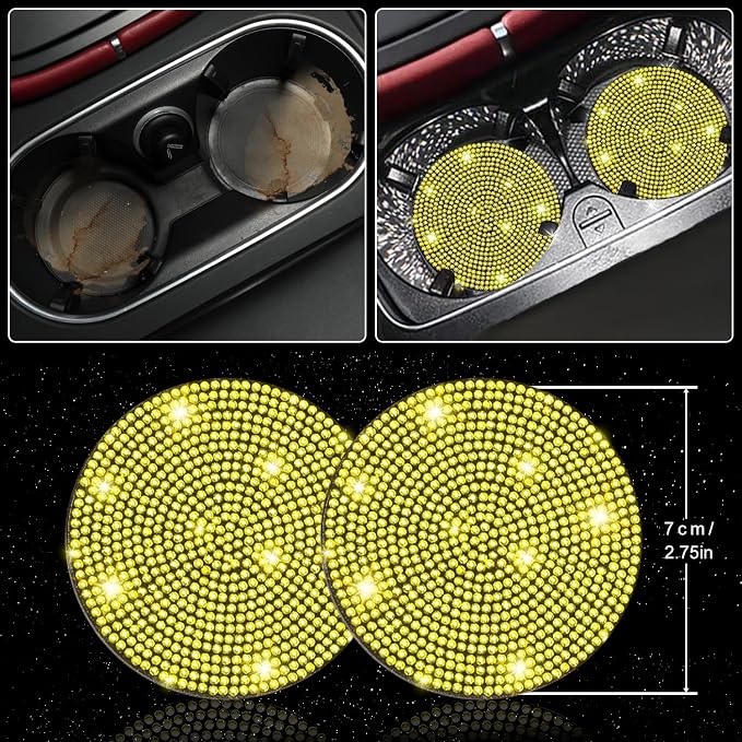 NBTEPEM 27 PCs Yellow Bling Car Accessories Set for Women, Steering Wheel Covers Universal Fit 15 Inch, Bling License Plate Frame, Bling Phone Holder, Bling Car Coasters (Yellow Diamond) - Image 9