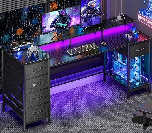 Korfile 61 Inch Gaming Computer Desk with Power Outlets,LED,5 Drawers,Black | For gaming and working,built-in power outlets and LED lights,5 fabric storage drawers, ffits 61-inch, monitor stand,black by Korfile