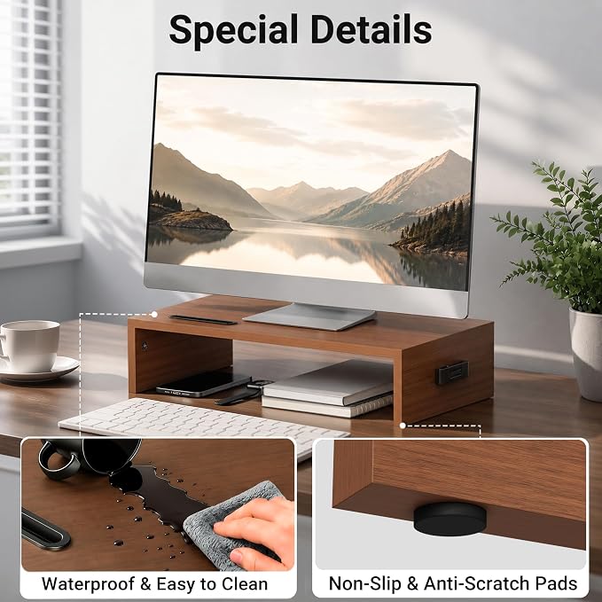 BONTEC Monitor Stand Riser with Cellphone Holder & Cable Management | 16.7 Inch Wood Monitor Riser Stand, Desktop Stand for PC/TV/Laptop/Printer, Walnut - Image 4