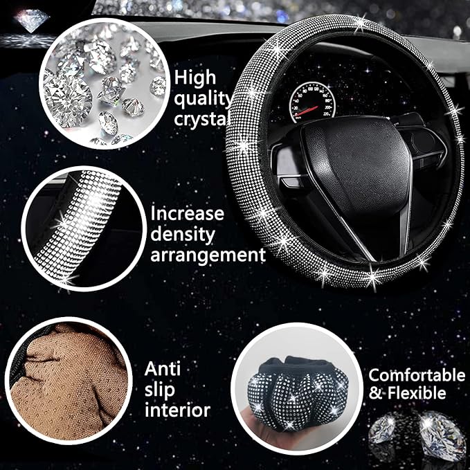 NBTEPEM 27 PCs Bling Car Accessories Set for Women, Steering Wheel Covers Universal Fit 15 Inch, Bling License Plate Frame, Bling Phone Holder, Bling Car Coasters (Silver Diamond) - Image 3