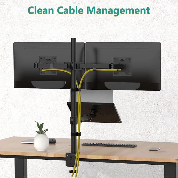 WALI Triple Arm Laptop and Dual Monitor Desk Mount for 17" Notebook and Up to 27" Screens, Extra Tall Adjustable Monitor Stand with Laptop Tray, VESA 75x75 100x100, Black (M002XLLP) - Image 7