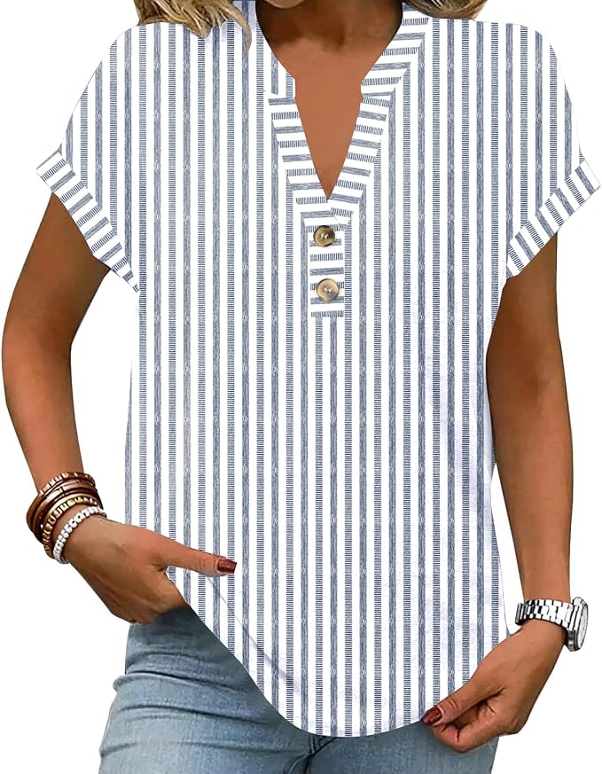 Womens Henley Summer Tops V Neck Button Dressy Casual T Shirts Blouses | Breathable, V-Neck Button, Striped, Loose Fit, Business Casual, Office, Vacation, Spring Summer Tops, Basic Shirts by ETCYYNEW