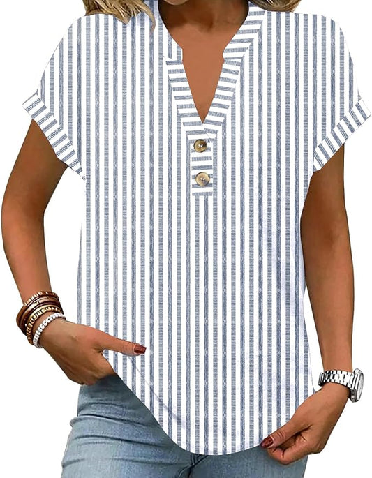Womens Henley Summer Tops V Neck Button Dressy Casual T Shirts Blouses | Breathable, V-Neck Button, Striped, Loose Fit, Business Casual, Office, Vacation, Spring Summer Tops, Basic Shirts by ETCYYNEW