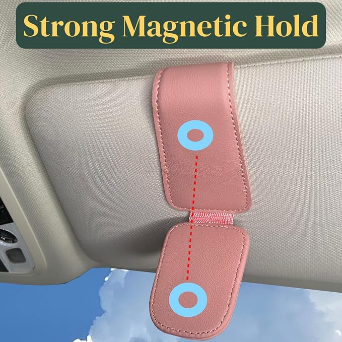 CHOSMOYI Magnetic Leather Sunglass Holder for Car, Sunglasses Clip for Car Visor, Auto Interior Accessories Universal for Different Size Eyeglasses(Pink) - Image 2
