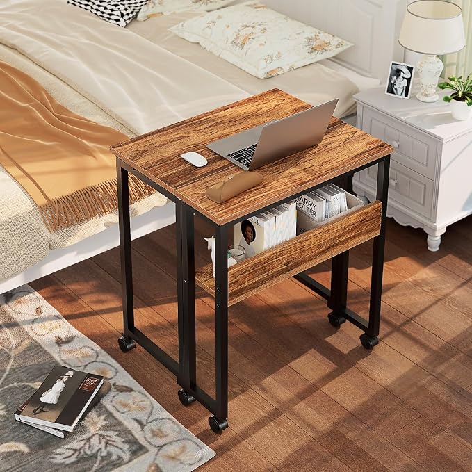 GreenForest Folding Desk with Wheels, 24.8" Rolling Table for Small Spaces | Storage Shelf, Lockable Casters, Compact Portable Workstation, Space-Saving Foldable Sofa Table, Home Office, Mobile, Walnut - Image 2