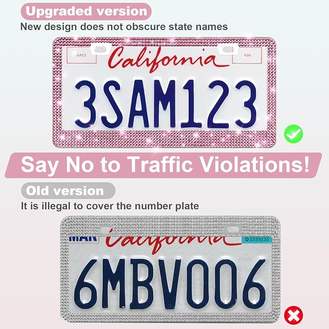 QUANQIUFEI 2 Pack Bling License Plate Frames for Women, Sparkly Rhinestone Diamond Car Accessories with Glitter Crystal Caps (Dark Pink) - Image 4