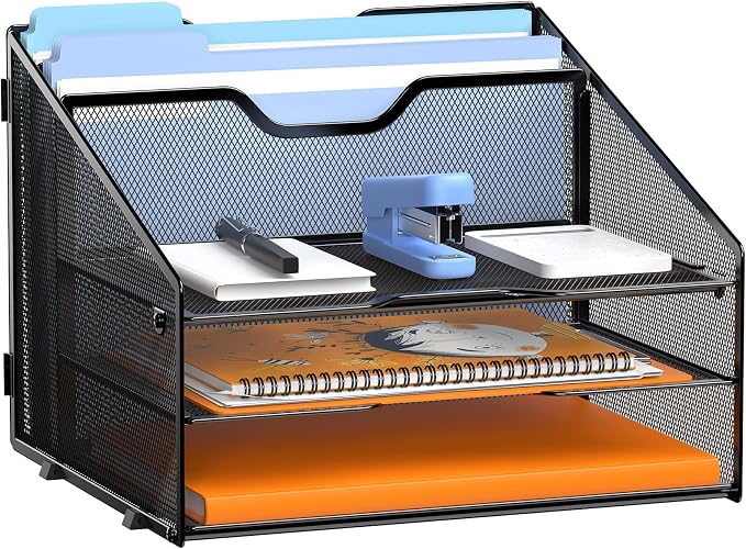 GAWERK Desk File Organizer Paper Letter Tray File Holder Office Rack, Black | Paper Tray Organizer, File Organizer for Desk, Metal Mesh Office Organization with 3 Paper Trays and 2 Vertical Section by Gawerk