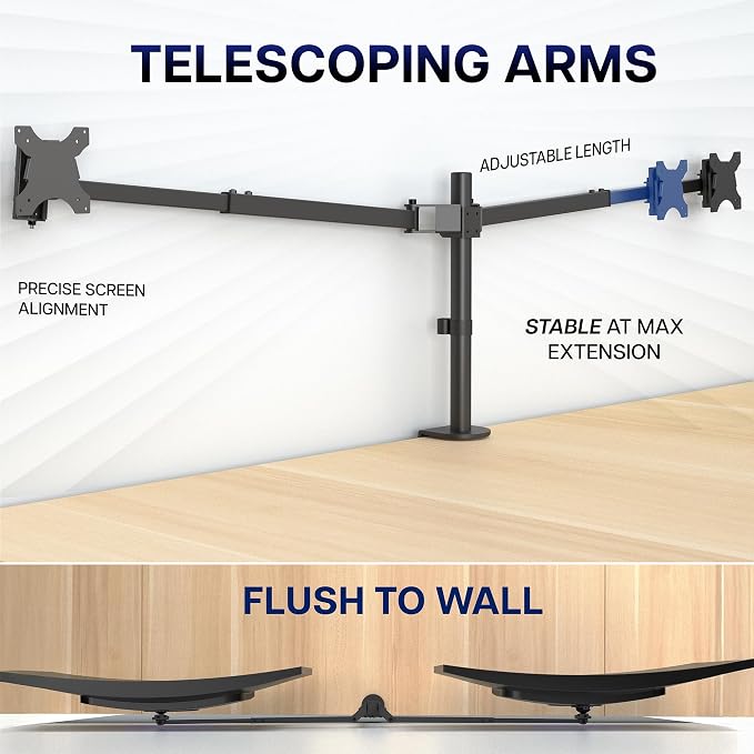 VIVO Premium Dual Ultra Wide LCD LED 40 to 45 inch Monitor Desk Mount, Heavy Duty, Adjustable Telescoping Arms, Flush Wall Setup, Fits 2 Screens, Black, STAND-TS45C - Image 3