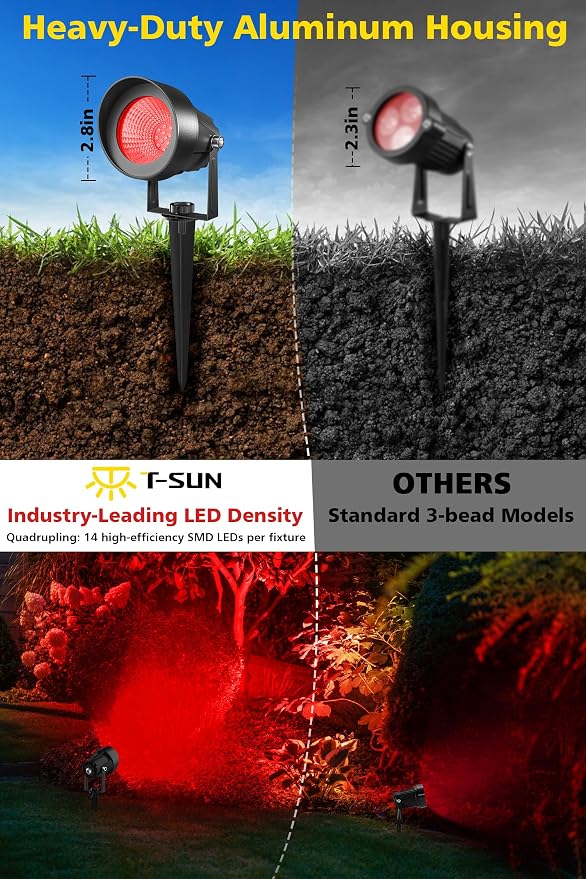 T-SUN Red Spotlight Outdoor, Waterproof LED Landscape Lighting with US Plug, Easy Install 270° Adjustable Outdoor Spot Lights for Garden Tree Yard Decor - Image 7