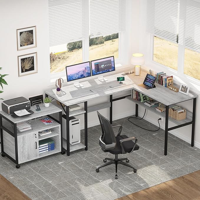 Unikito L Shaped Computer Desk with Magic Power Outlets and USB Charging Ports, Sturdy Reversible Corner Desk with Storage Shelves, Modern Work Desk for Home Office, Easy to Assemble, White Oak - Image 8