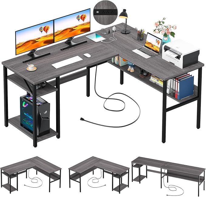 Unikito Reversible L Shaped Desk with Magic Power Outlets and USB Charging Ports, Sturdy Corner Computer Desk with Storage Shelves, Gaming Table Home Office Desk, Easy to Assemble, Enoch Walnut by Unikito