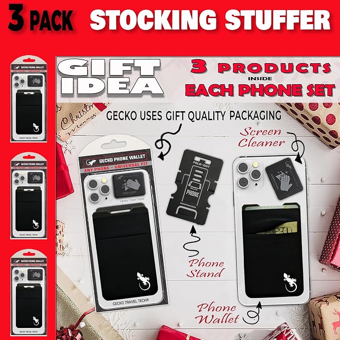 Gecko Travel Tech Double Pocket - Adhesive Card Holder - Cell Phone Pouch - Stick on Spandex Pocket - Carry Credit Cards and Cash (3 PACK - BLACK WHITE) - Image 7
