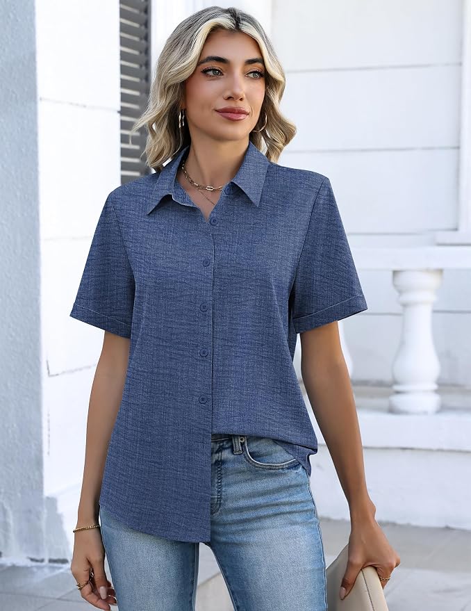 Zeagoo Button Down Shirts for Women Short Sleeve Collared Tops Dressy Casual V Neck Blouses - Image 4