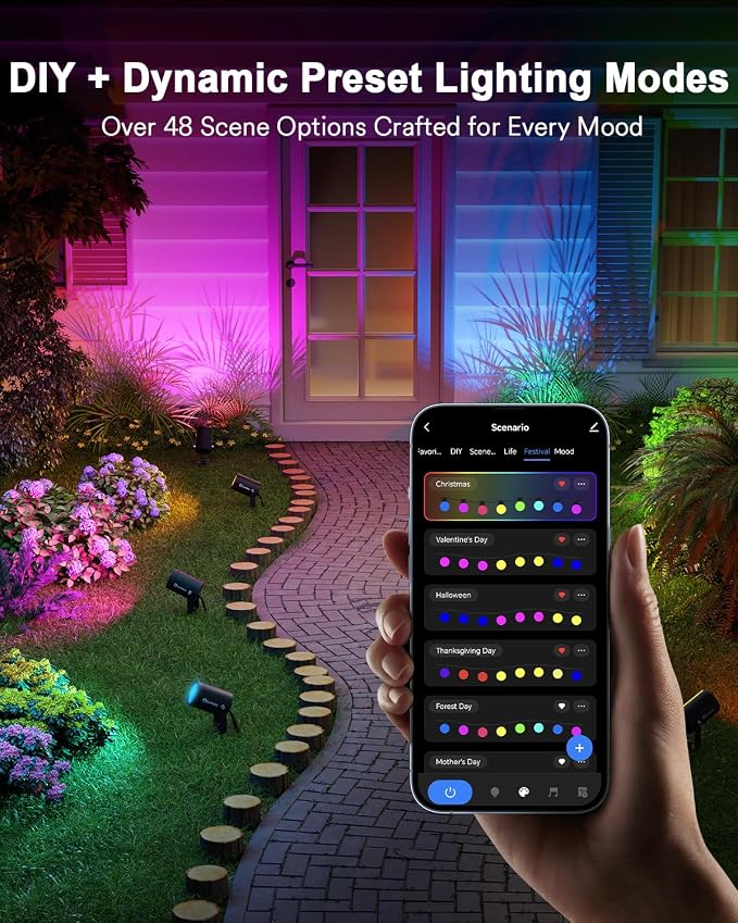 Lumary Smart Landscape Lights Pro 500LM, 6 Pack Color Changing Landscape Spotlights IP65 Waterproof, RGBAICW Low Voltage Outdoor Lights for Garden Yard and Pathway, APP/Remote/Voice Control, 65FT | RGBAICW Color Changing, IP65 Outdoor Rated, 2200K-6500... - Image 4