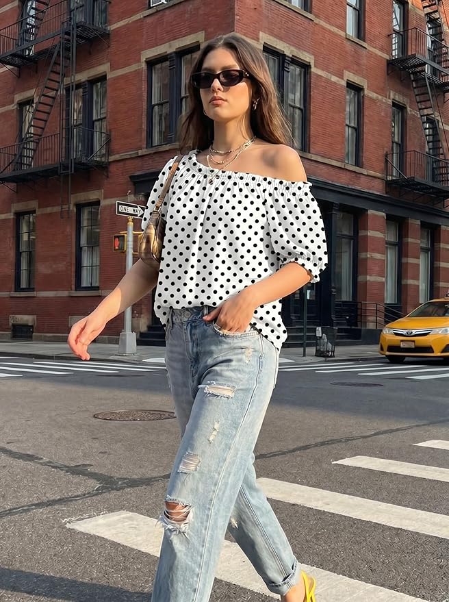 EVALESS Womens Tops Off The Shoulder Blouses for Women Dressy Casual Cute Puff Sleeve T Shirts Fashion 2026 - Image 2