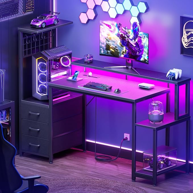 Korfile 48" Gaming Desk with Power Outlet, LED, Drawers, Carbon Fiber Black | Reversible，Computer Desk, Gamer Table, with Fabric Drawers & Side Hook, with Monitor Stand, for Game Room, Home Office - Image 2