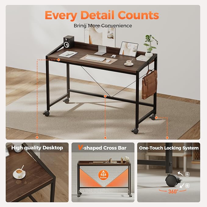 Mericonia 47x20 Inch Small Computer Desk with Wheels & Rear Lip | Simple Rolling Desk, Writing Table for Home Office Bedroom Work Study, Walnut - Image 6
