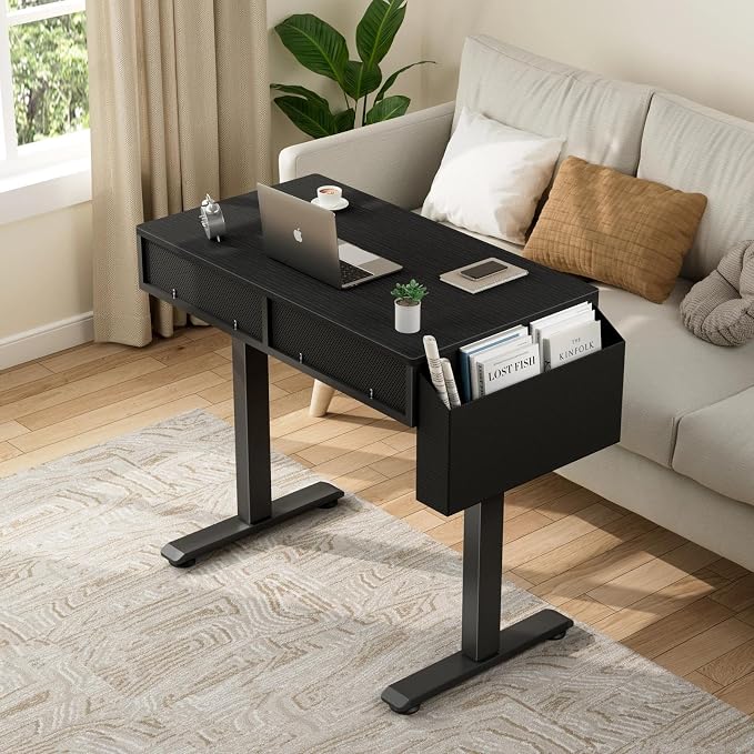 KLUVIS Electric Standing Desk with Drawers - 32 Inch Small Black Height Adjustable Sit Stand Desk with Storage for Home Office Bedroom, Study Writing Compact Stand up Computer Desks for Boys Girl Work - Image 2